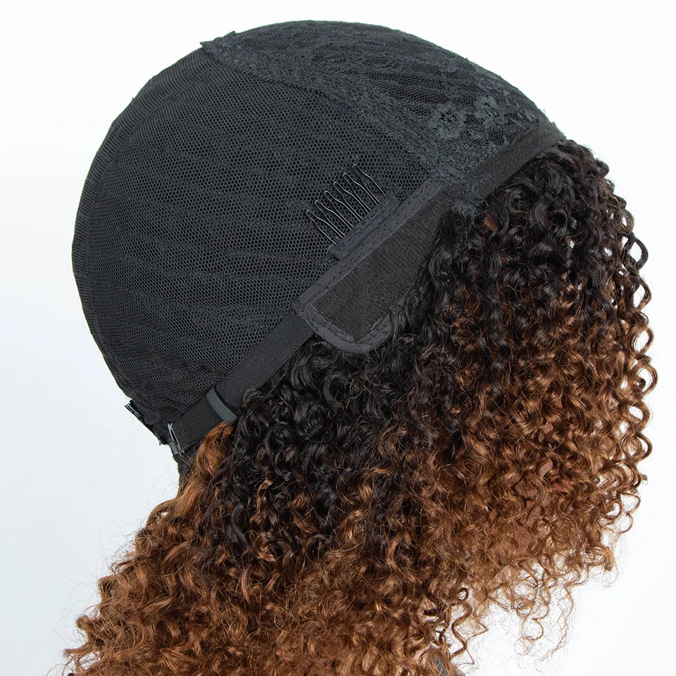 Sleek Afro Kinky Curly Human Hair Wigs Ombre Highlight Human Hair Wig With Bangs Colored Brazilian 4a Curly Bob Wig For Women