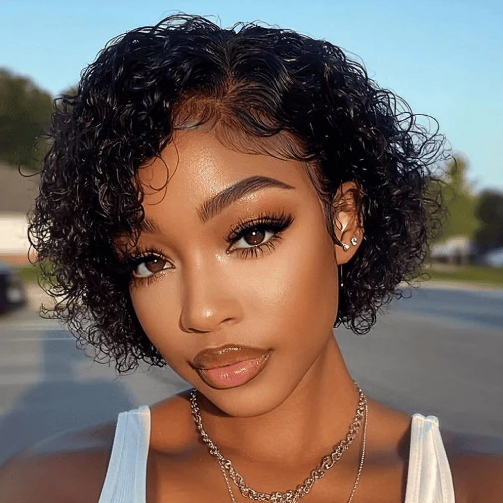 Short Pixie Cut Kinky Curly Human Hair Wig P4/27 Highlight 13x1 T Part Lace Front Pre Plucked Bob Wigs for Black Women
