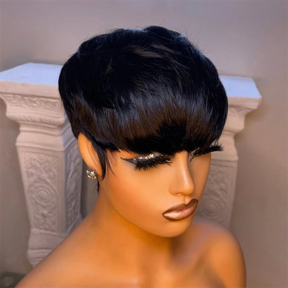 Short Straight Bob Wig Pixie Cut Wig Human Hair For Black Women With Bangs Full Machine Made Wigs Cheap Wigs Natural Black Hair