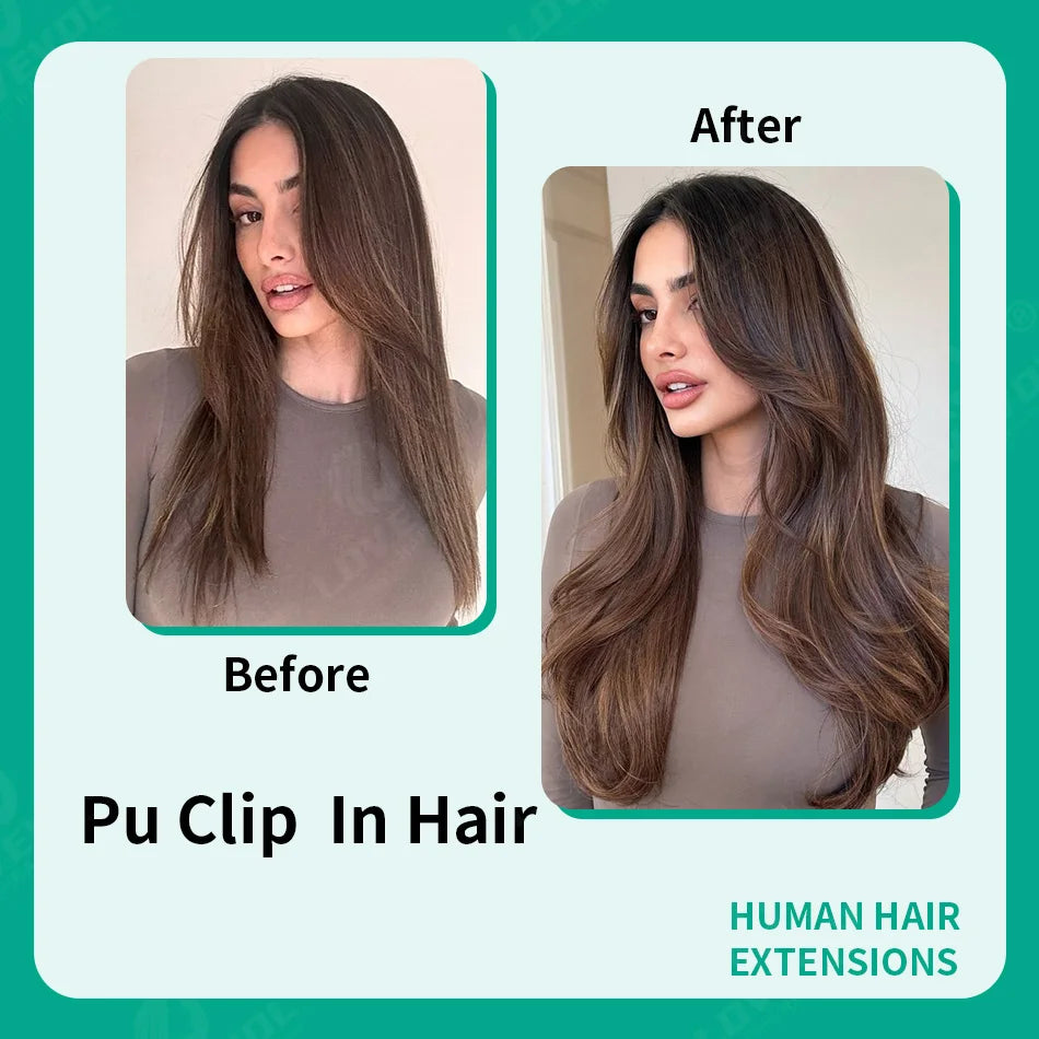 Brazilian Real Human Hair Clip-In Extensions Hard PU Braided Invisible Remy in Natural Black Brown Golden Brown Highlight Colors