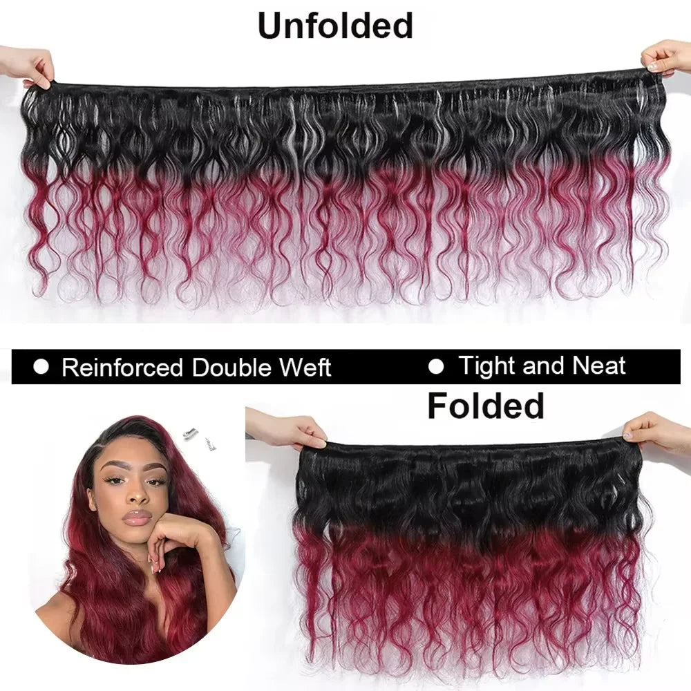 Human Hair 1B/Burgundy Brazilian Body Wave Weave Bundles 100%  Human Hair Bundles With  4x4 Lace Closure Remy Hair Extension