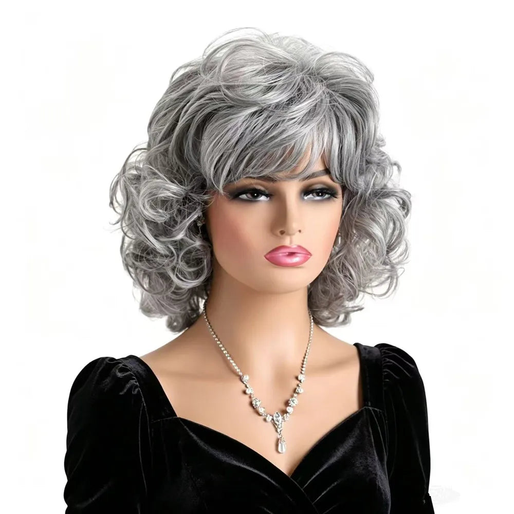 Gray Short Curly Wigs for Women Synthetic Heat Resistant Hair Wig with Bangs Old Lady Wig for Daily Party Cosplay Halloween Hair