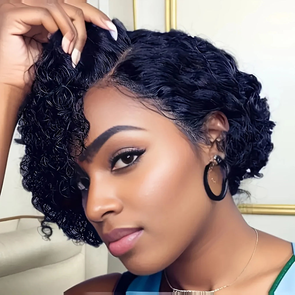 Short Curly 13x1 Lace Curly Pixie Cut Wig 180% Density Human Hair Lace Front Bob Wigs for Women Natural Color Pre Plucked 6 Inch