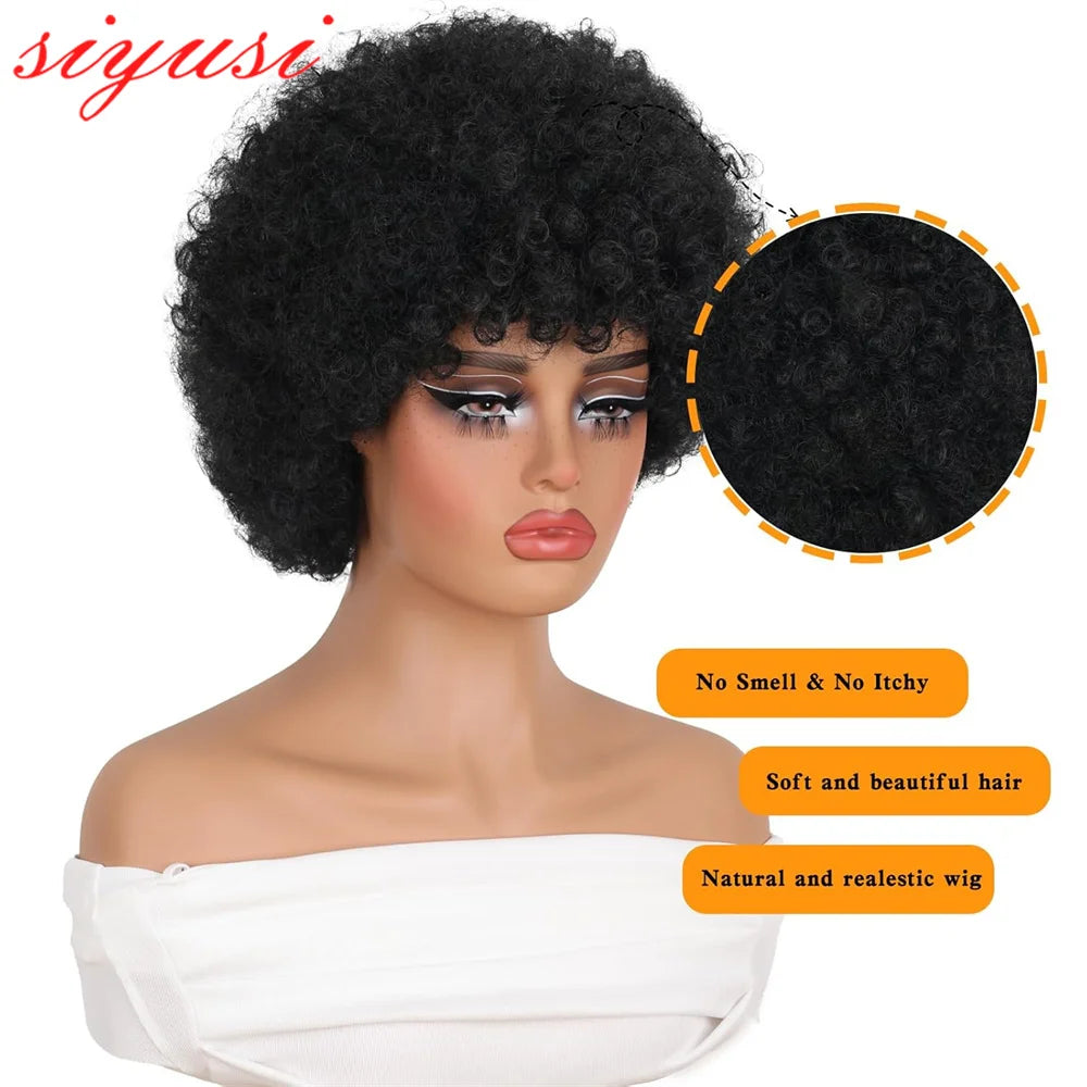 Short Afro Curly Human Hair Wigs 8 Inch Malaysian Remy Curly Afro Hair Wig Full Machine Made Pixie Cut Wigs with Bangs for Women