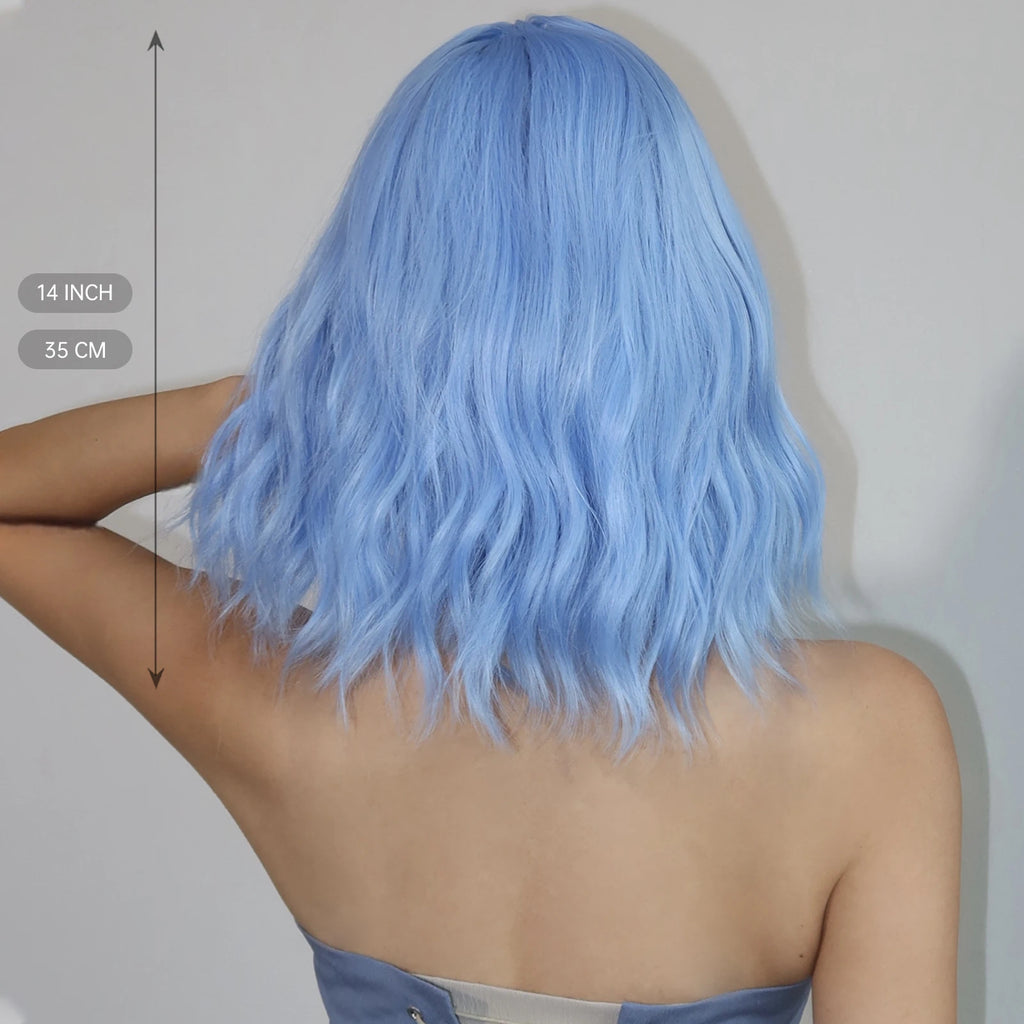 Blue Bob Curly Wavy Synthetic Wigs with Bangs Short Colorful Blue Cosplay Wig for Women DaiIy Lolita Natural Heat Resistant Hair