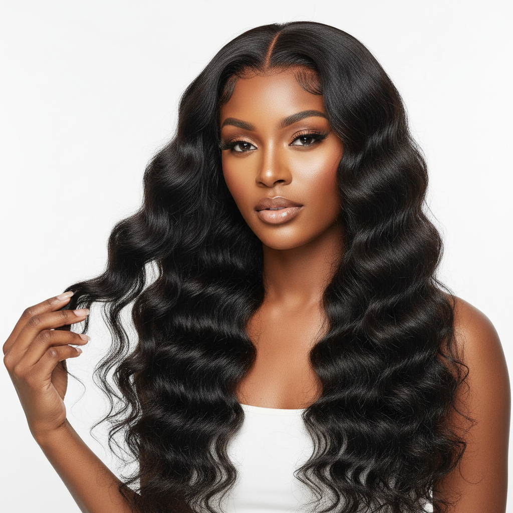 Deep Wavy Full Lace Wig worn by a beautiful African woman