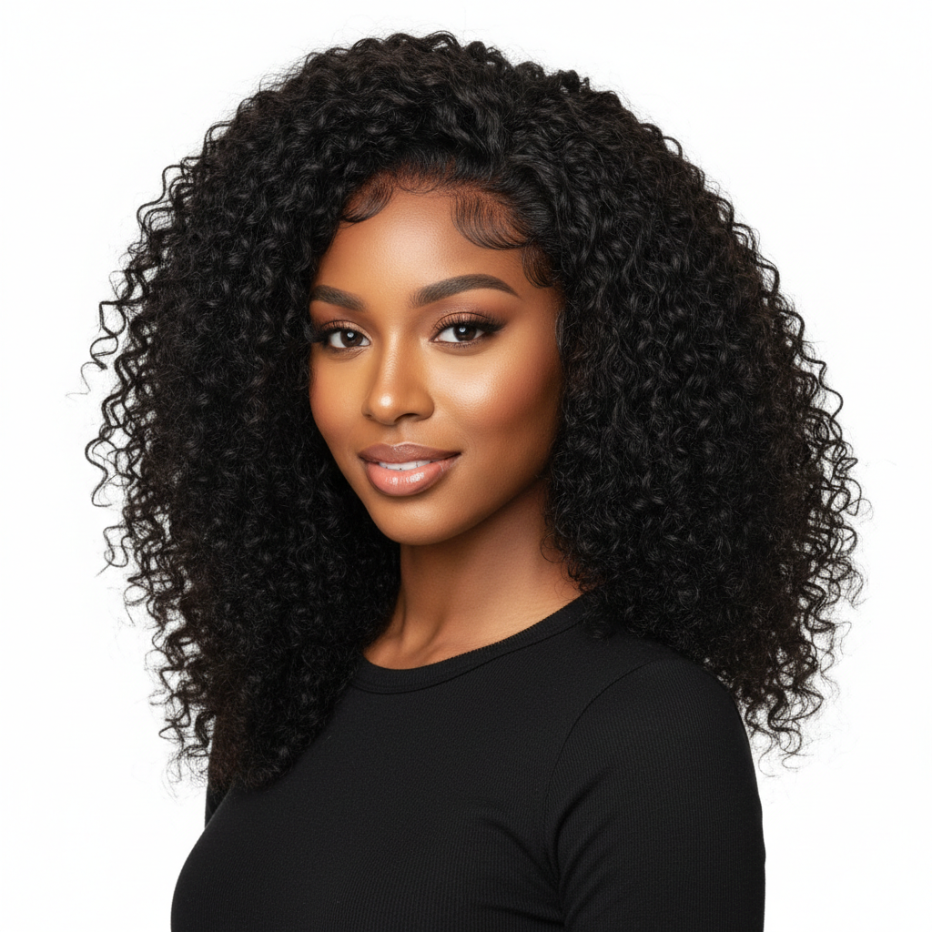 Deep Curly Lace Front Wig worn by a beautiful African woman