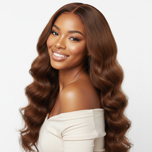 Body Wavy Halo Hair Extensions worn by a beautiful African woman
