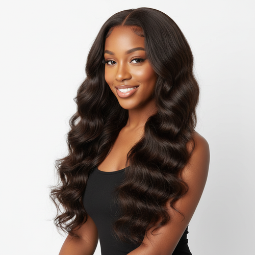 Body Wavy Double Tape-In Hair Extensions worn by an African American woman